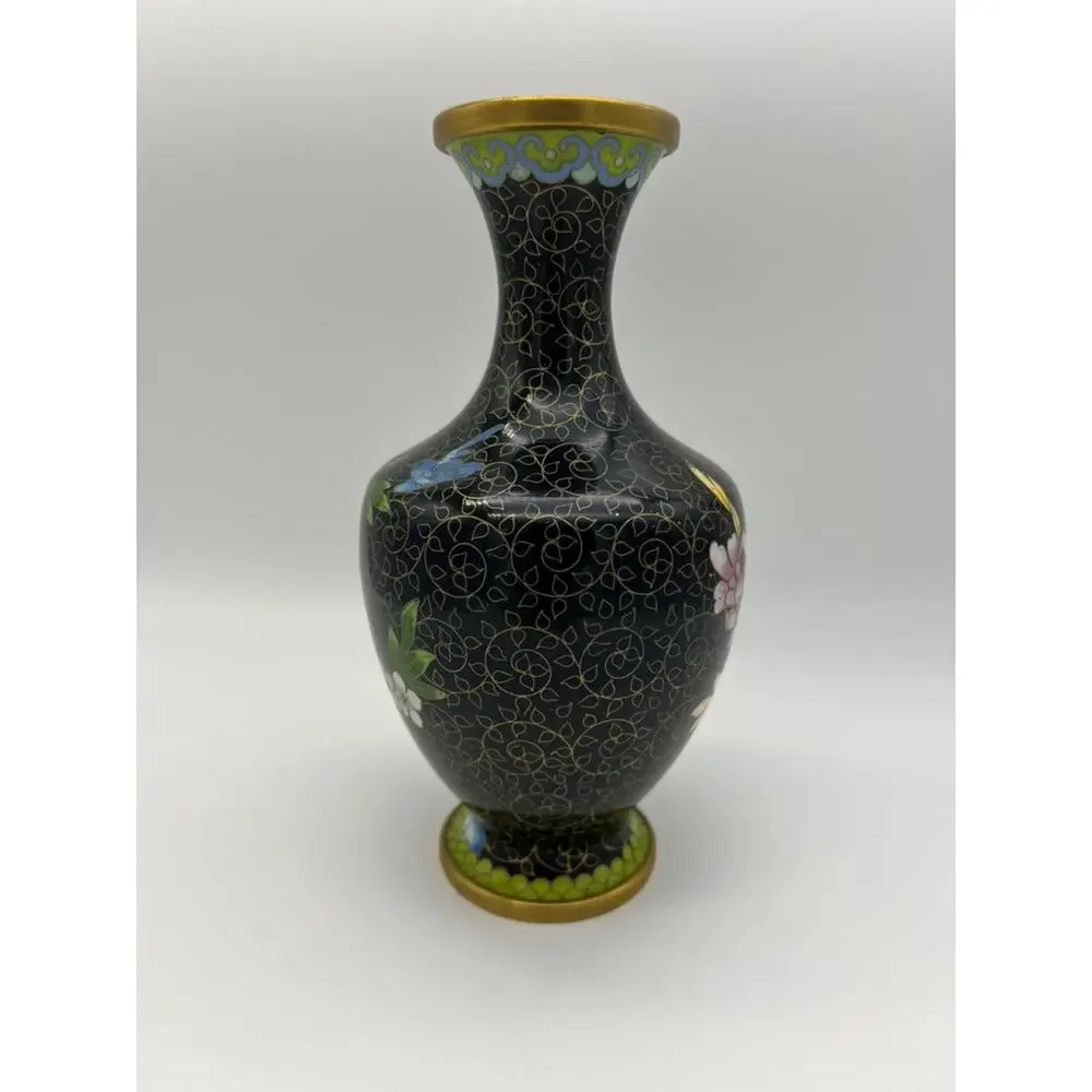 Vintage MCM‎ Black & Gold Chinese Asian Cloisonne Metal Vase 8 1/4